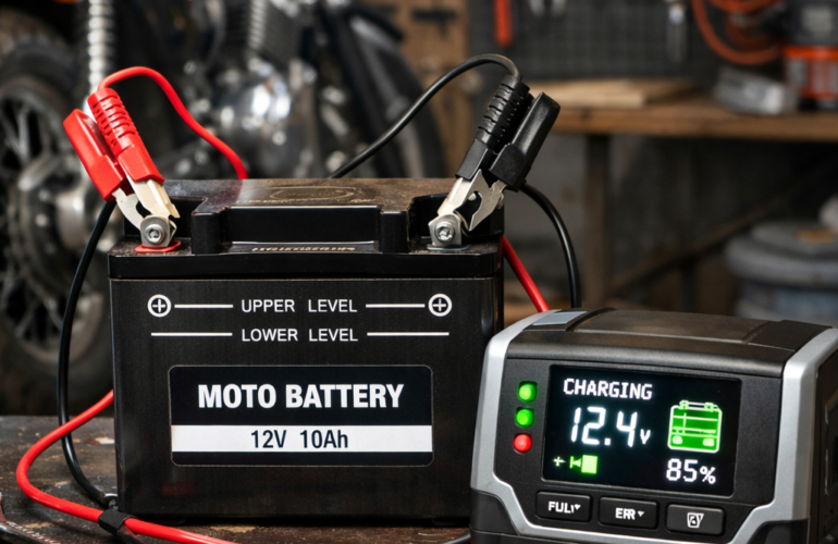 Batterie de moto en train de charger