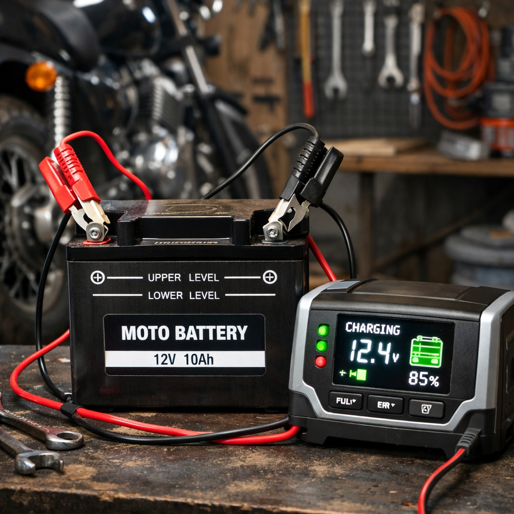 Batterie de moto en train de charger