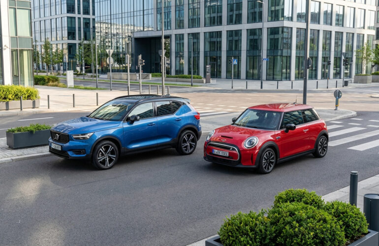 Un SUV Volvo XC40 bleu et une Mini Cooper rouge garés sur une rue moderne, près d'un passage piéton en ville.
