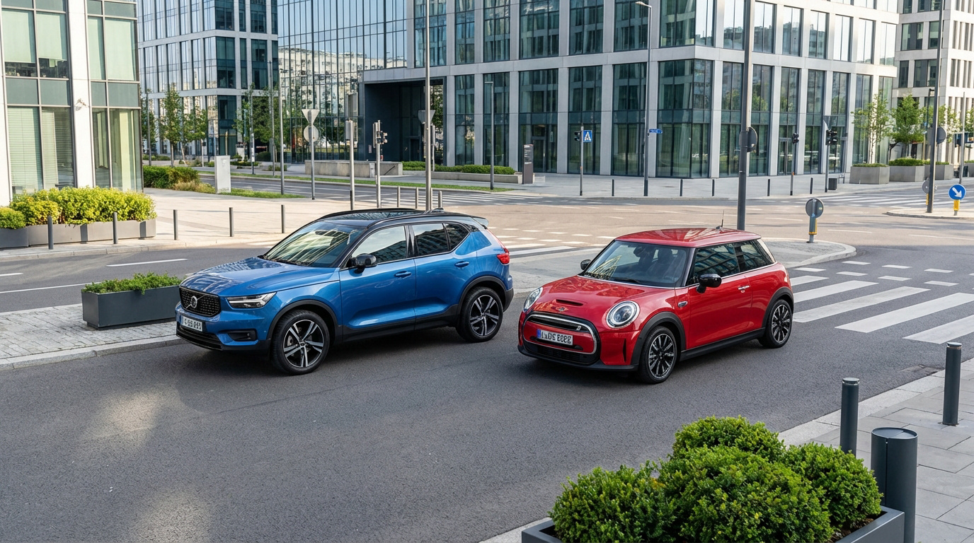 Un SUV Volvo XC40 bleu et une Mini Cooper rouge garés sur une rue moderne, près d'un passage piéton en ville.