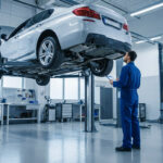 Un mécanicien en combinaison bleue examine le dessous d'une berline argentée sur un pont élévateur dans un garage moderne et lumineux.