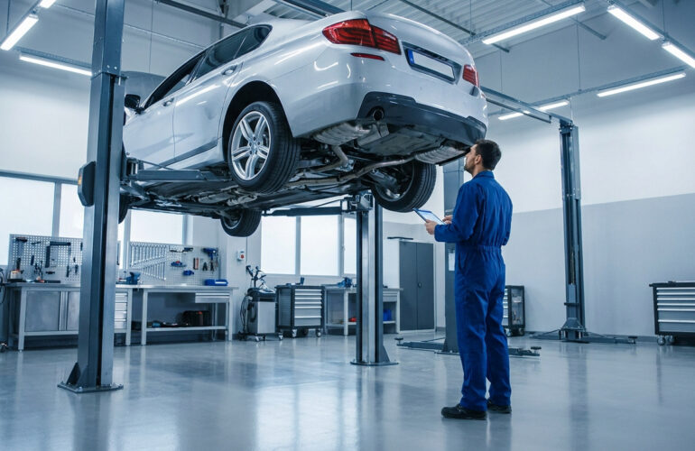 Un mécanicien en combinaison bleue examine le dessous d'une berline argentée sur un pont élévateur dans un garage moderne et lumineux.