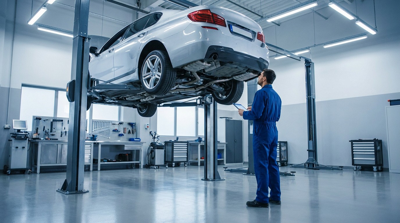 Un mécanicien en combinaison bleue examine le dessous d'une berline argentée sur un pont élévateur dans un garage moderne et lumineux.