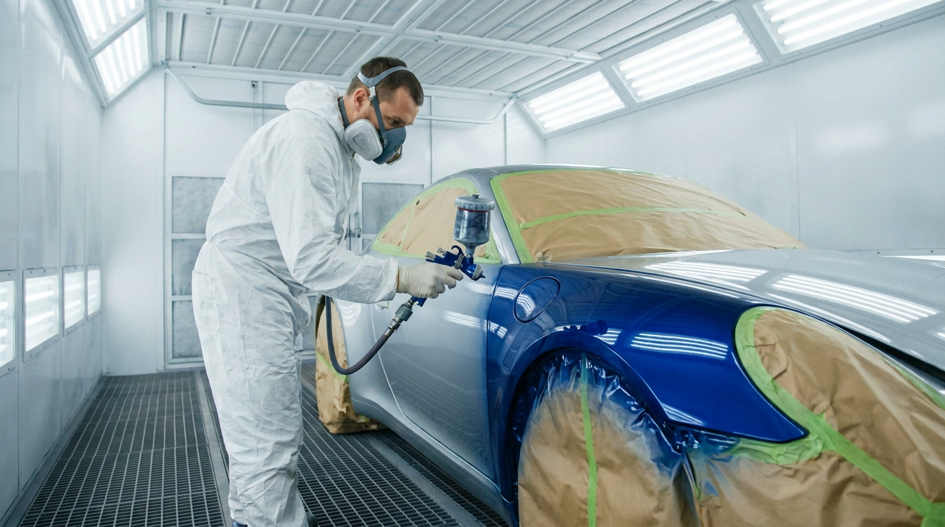 Un carrossier en combinaison et masque, peignant une voiture bleue avec un pistolet dans une cabine de peinture.
