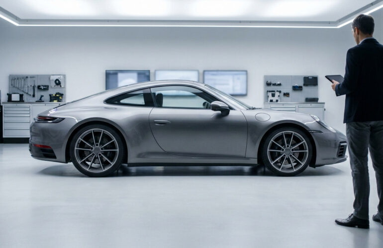 Un expert en costume examine une Porsche grise dans un garage automobile moderne et lumineux.