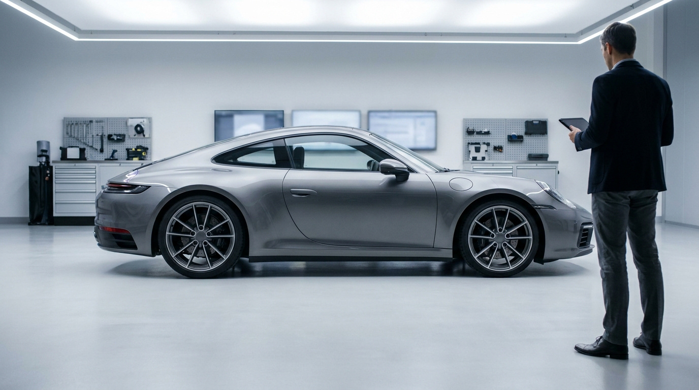 Un expert en costume examine une Porsche grise dans un garage automobile moderne et lumineux.