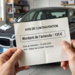 Mains tenant un avis de contravention de 135 euros pour défaut de contrôle technique devant une voiture dans un garage.