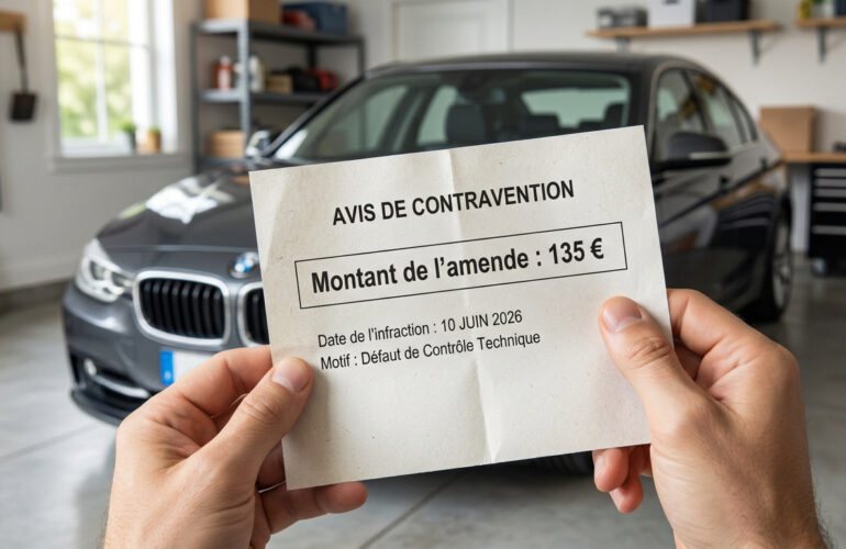 Mains tenant un avis de contravention de 135 euros pour défaut de contrôle technique devant une voiture dans un garage.