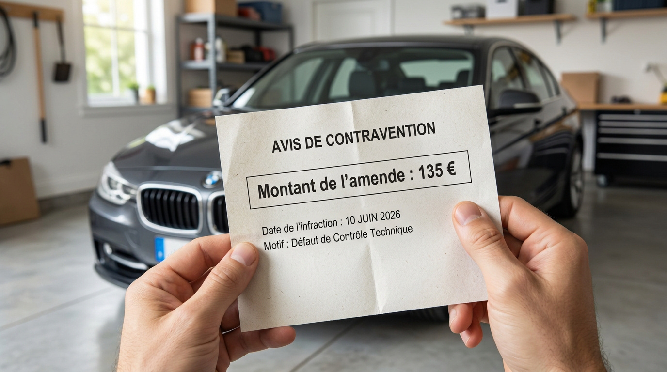 Mains tenant un avis de contravention de 135 euros pour défaut de contrôle technique devant une voiture dans un garage.