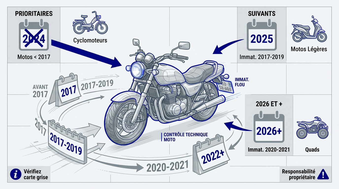 Calendrier officiel des dates limites du contrôle technique moto par année d'immatriculation