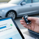 Main tenant une clé de voiture devant une tablette affichant le statut terminé d'une démarche administrative en ligne.