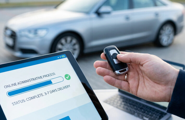 Main tenant une clé de voiture devant une tablette affichant le statut terminé d'une démarche administrative en ligne.