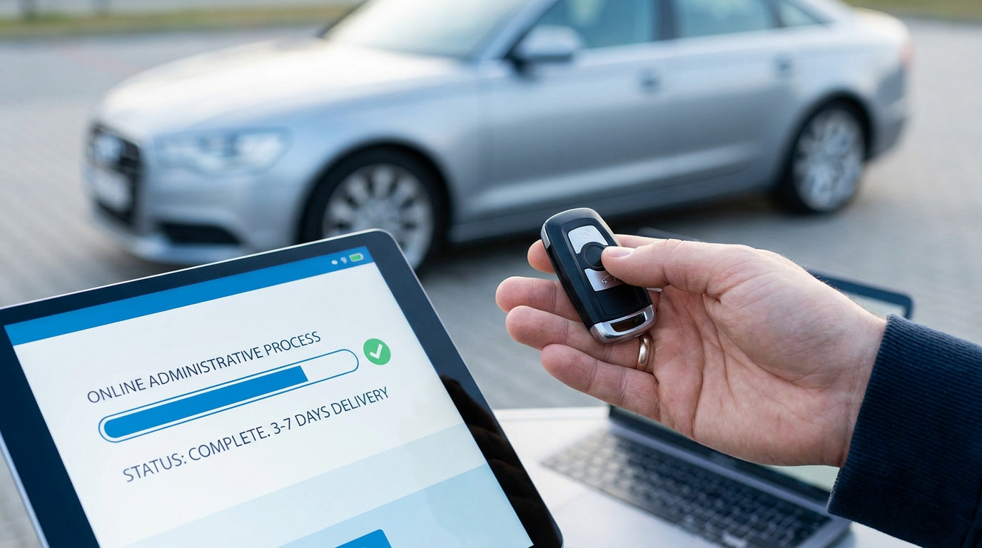 Main tenant une clé de voiture devant une tablette affichant le statut terminé d'une démarche administrative en ligne.