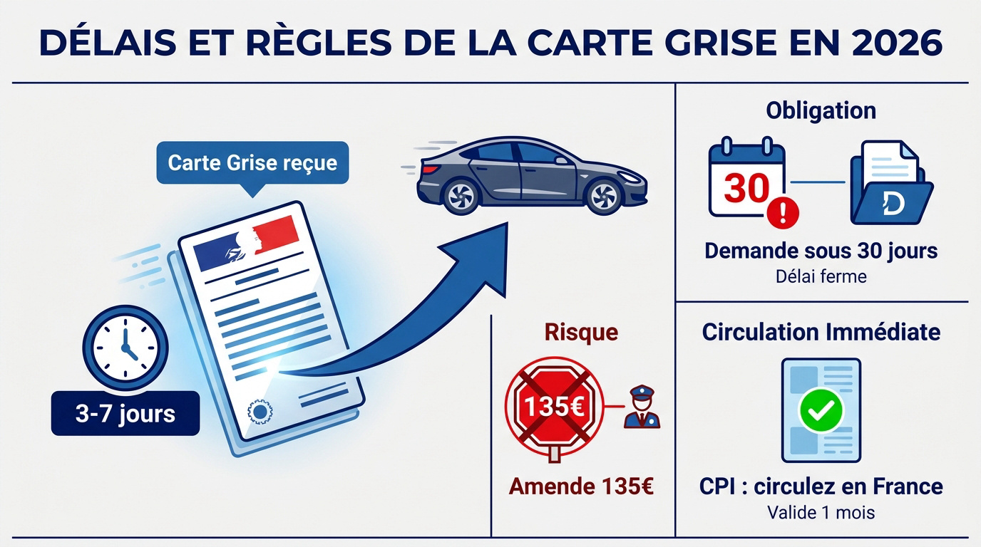 Illustration des délais et démarches pour obtenir une carte grise en 2026