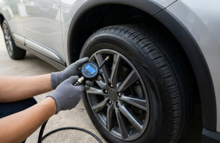 Une personne portant des gants vérifie la pression d'un pneu de voiture avec un manomètre numérique.
