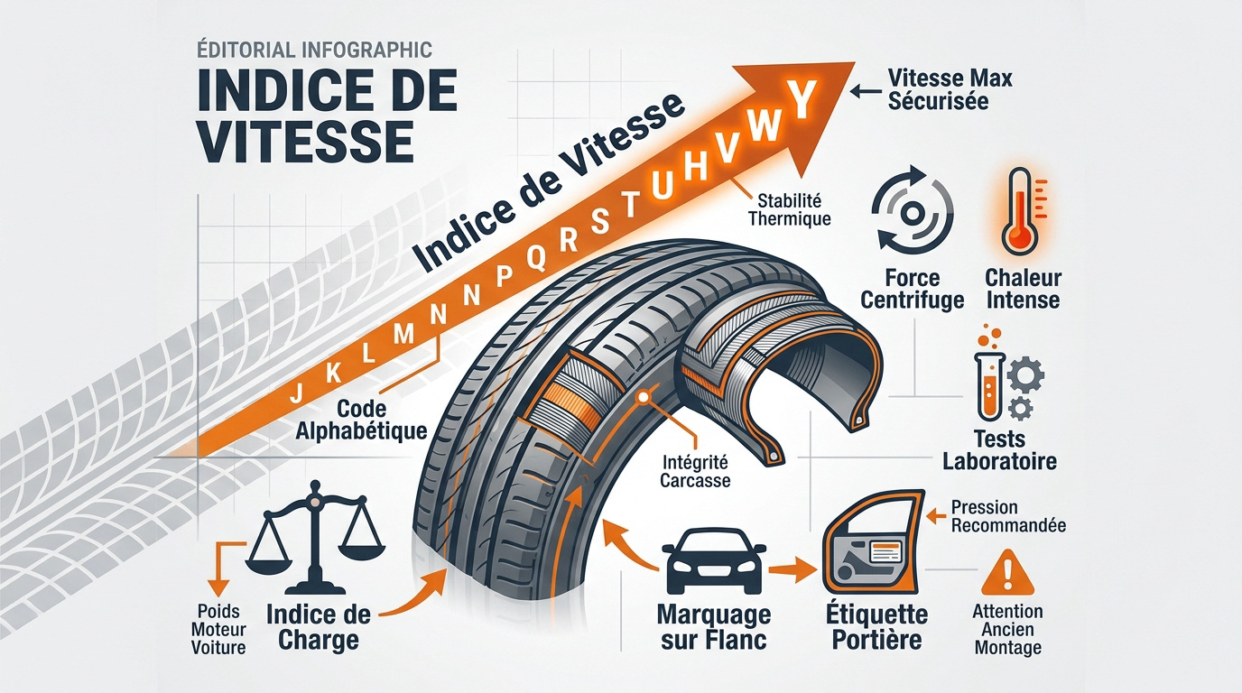 Tableau des indices de vitesse et marquages sur le flanc d'un pneu