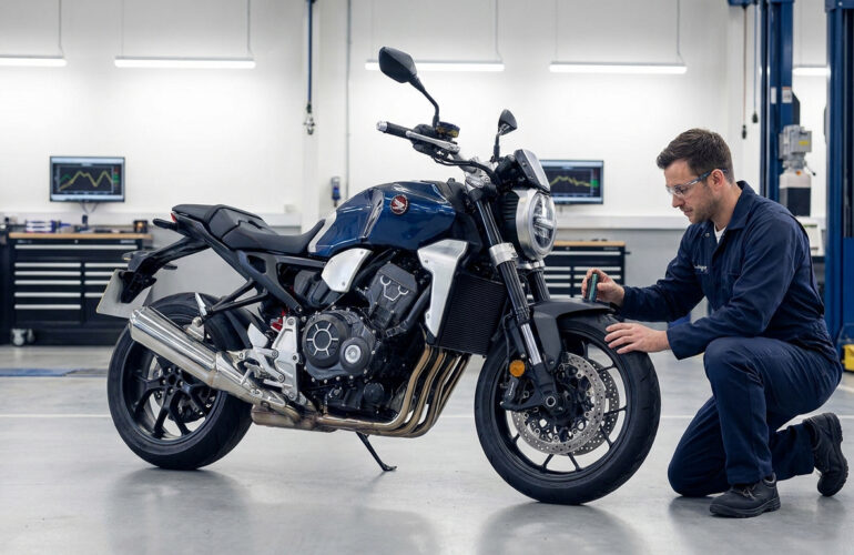 Un mécanicien en combinaison bleue inspecte la roue avant d'une moto bleue dans un atelier professionnel.