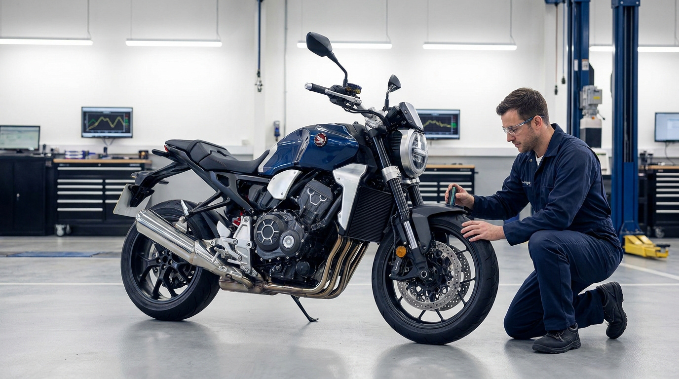 Un mécanicien en combinaison bleue inspecte la roue avant d'une moto bleue dans un atelier professionnel.