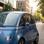 Une femme utilise une télécommande pour déverrouiller sa petite citadine électrique bleue garée dans une rue urbaine.