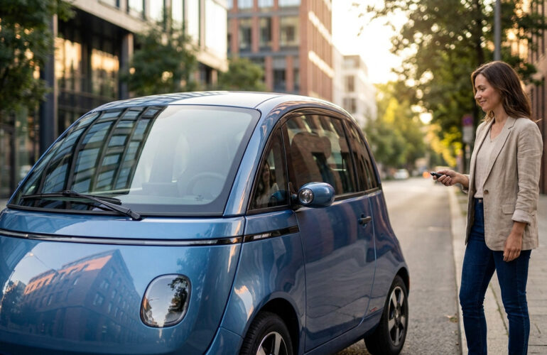 Une femme utilise une télécommande pour déverrouiller sa petite citadine électrique bleue garée dans une rue urbaine.