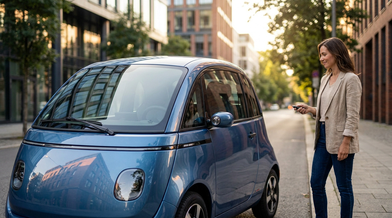 Une femme utilise une télécommande pour déverrouiller sa petite citadine électrique bleue garée dans une rue urbaine.