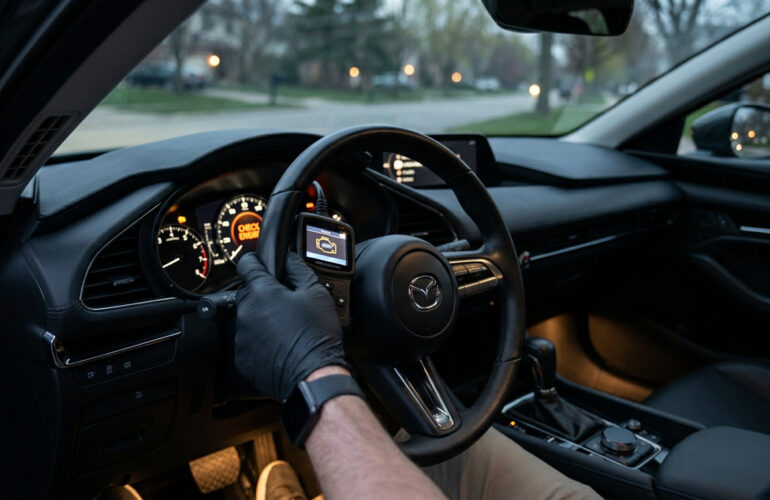 Main gantée utilisant un outil de diagnostic OBD sur le volant d'une voiture Mazda avec le voyant moteur allumé.