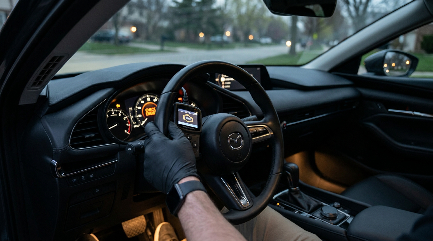 Main gantée utilisant un outil de diagnostic OBD sur le volant d'une voiture Mazda avec le voyant moteur allumé.