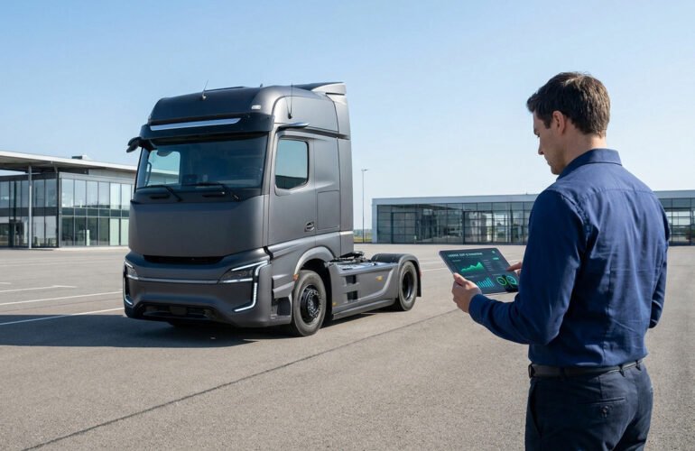 Un homme examine les données de performance d'un camion moderne sur une tablette numérique.