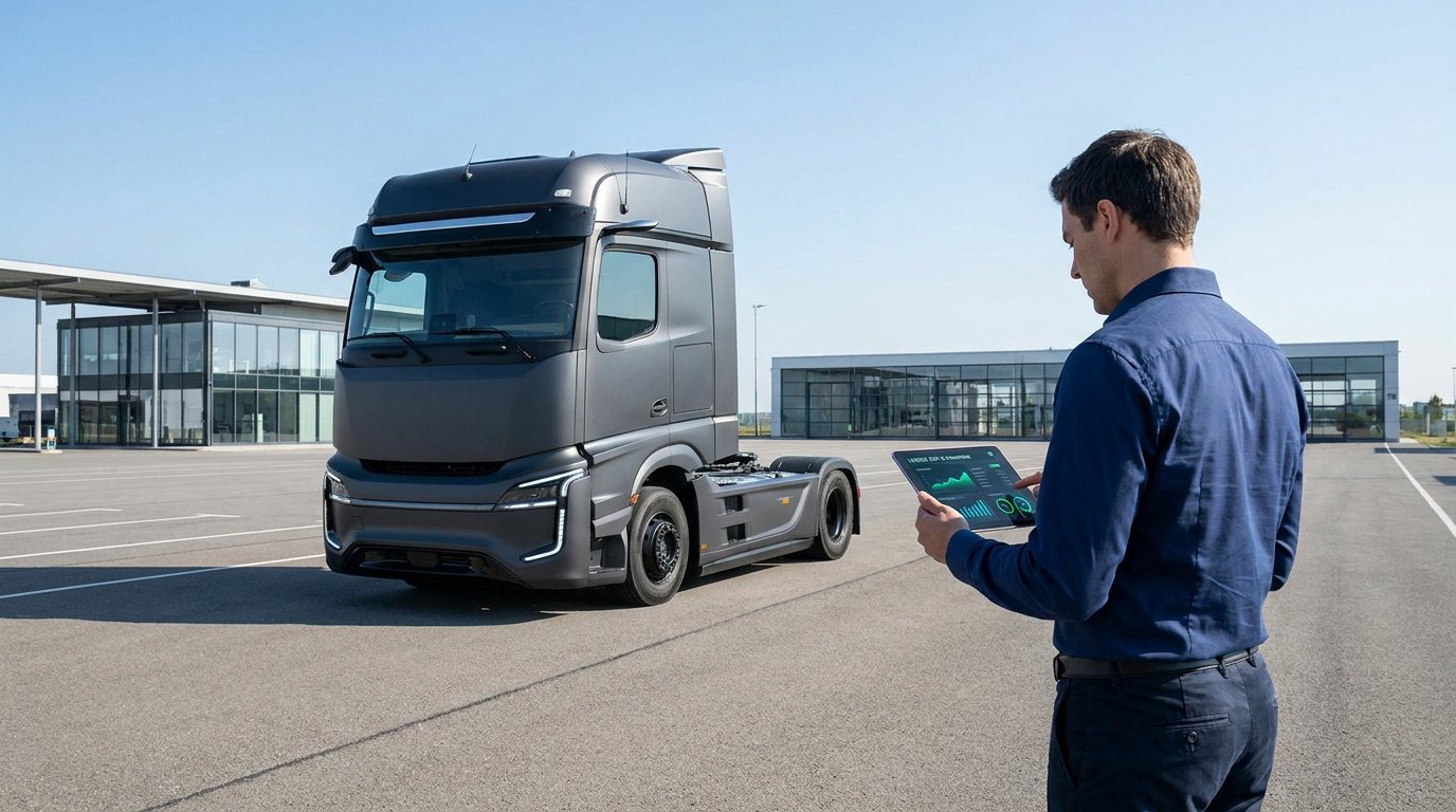 Un homme examine les données de performance d'un camion moderne sur une tablette numérique.