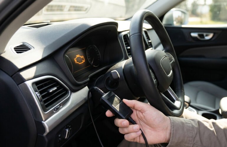 Une main utilise un outil de diagnostic OBD pour vérifier un voyant moteur allumé sur le tableau de bord d'une voiture.