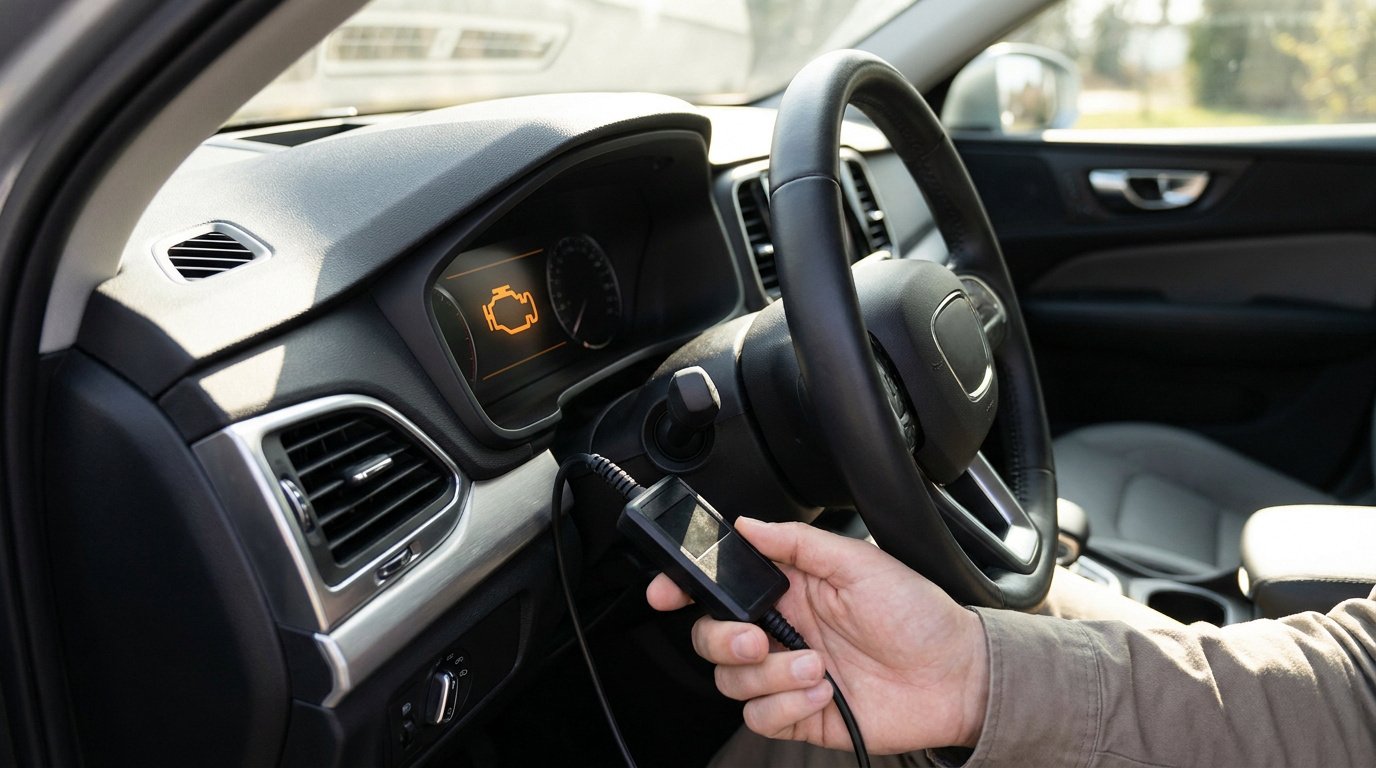 Une main utilise un outil de diagnostic OBD pour vérifier un voyant moteur allumé sur le tableau de bord d'une voiture.