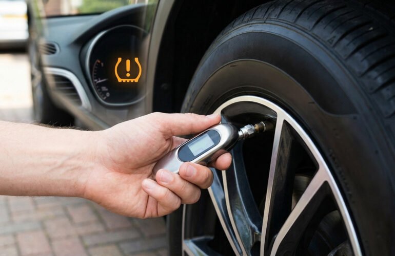 Une main vérifie la pression d'un pneu de voiture avec un manomètre numérique, avec le voyant TPMS visible sur le tableau de bord.
