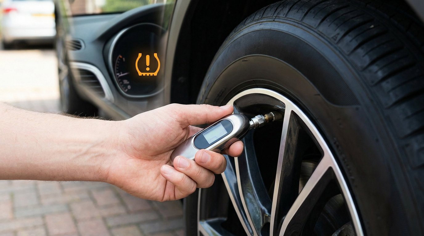 Une main vérifie la pression d'un pneu de voiture avec un manomètre numérique, avec le voyant TPMS visible sur le tableau de bord.