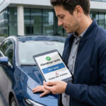 Un homme vérifie l'historique d'une voiture bleue sur une tablette numérique affichant le kilométrage et l'état du véhicule.