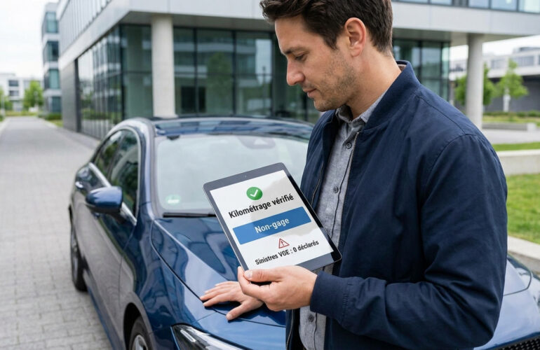 Un homme vérifie l'historique d'une voiture bleue sur une tablette numérique affichant le kilométrage et l'état du véhicule.