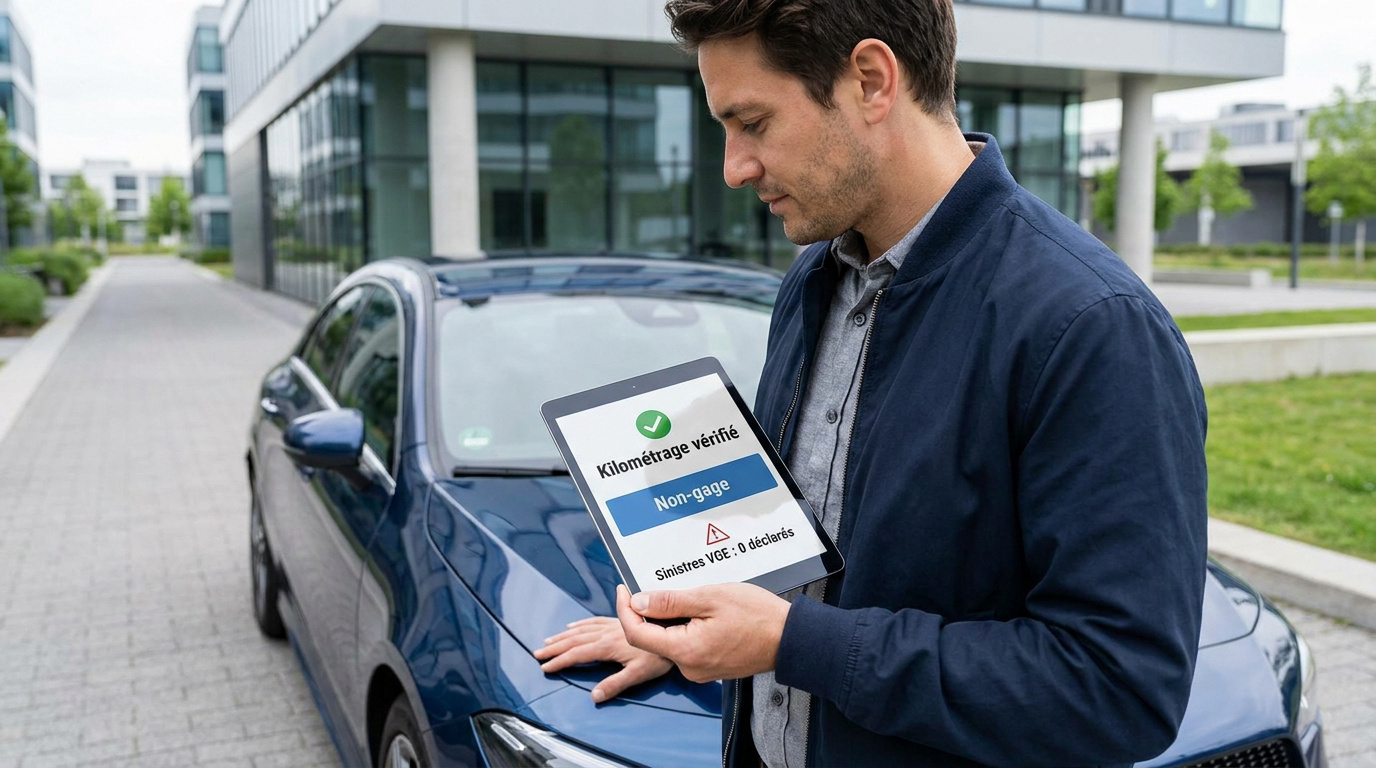 Un homme vérifie l'historique d'une voiture bleue sur une tablette numérique affichant le kilométrage et l'état du véhicule.