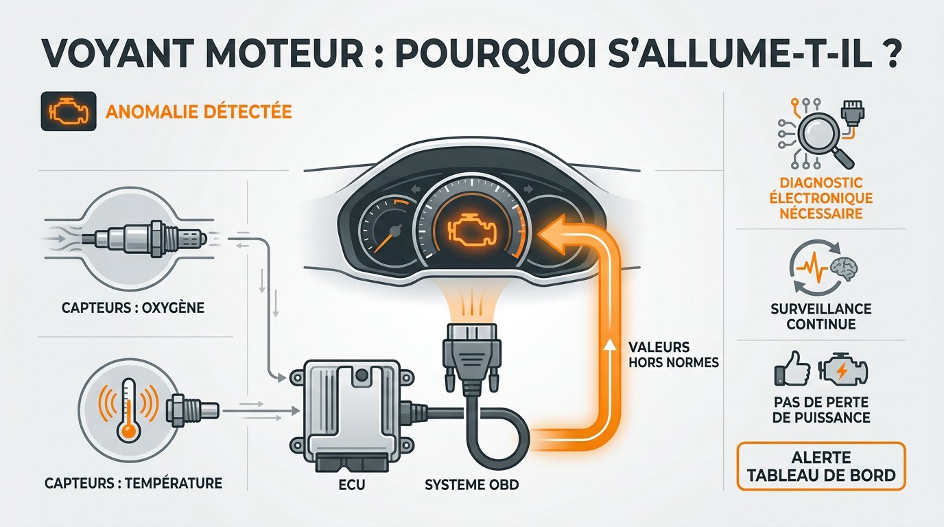 Tableau de bord affichant un voyant moteur orange allumé pour diagnostic