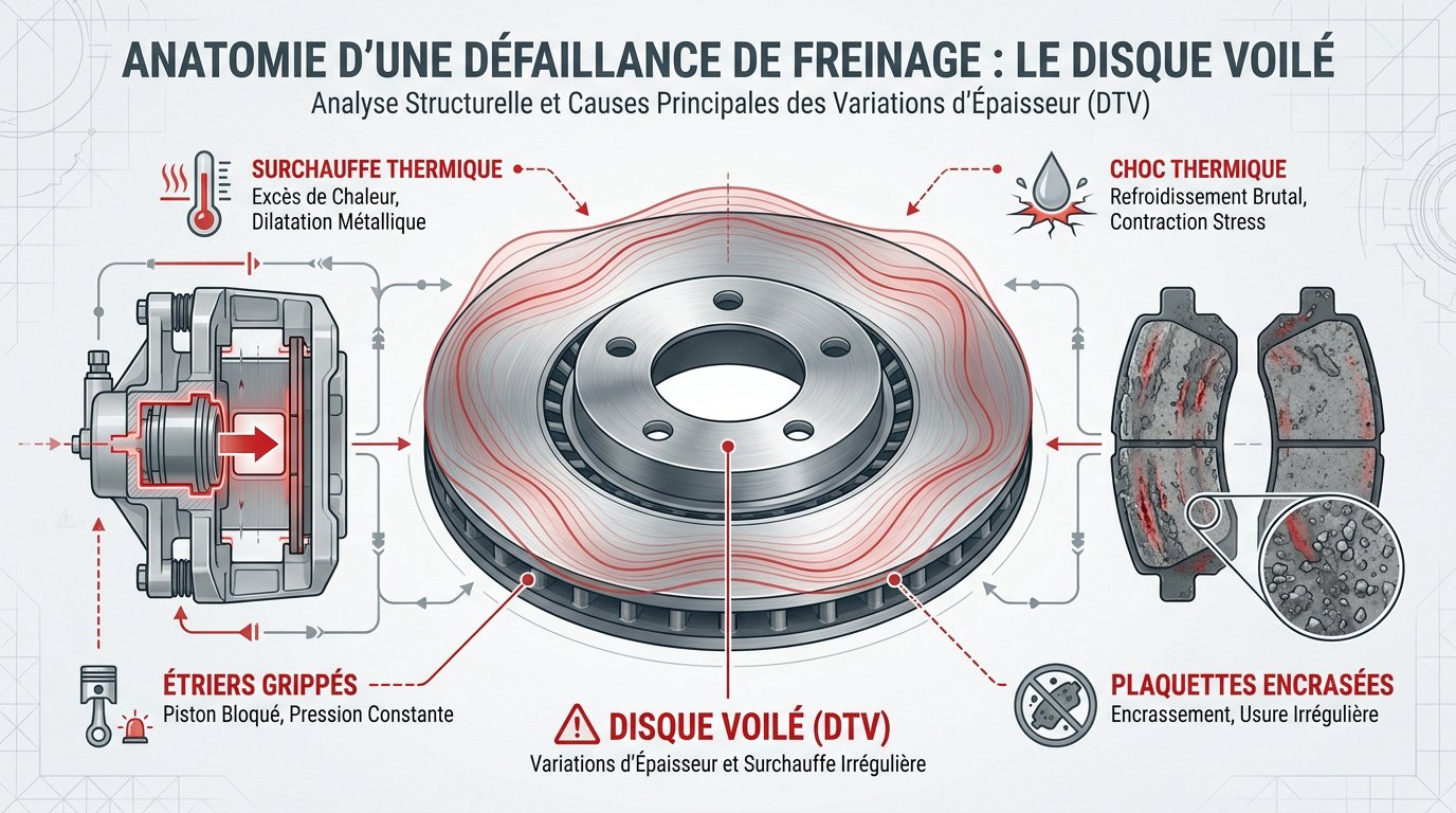 Schéma technique d'un disque de frein automobile présentant un voilement