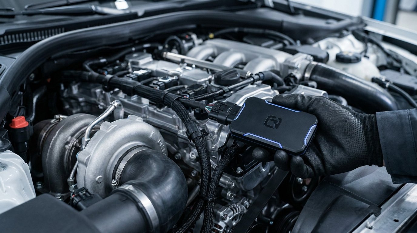 Main gantée installant un boîtier électronique sur un moteur diesel de voiture dans un garage.