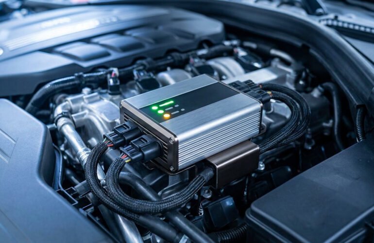 Boîtier électronique de réduction de consommation installé sur un moteur de voiture moderne.