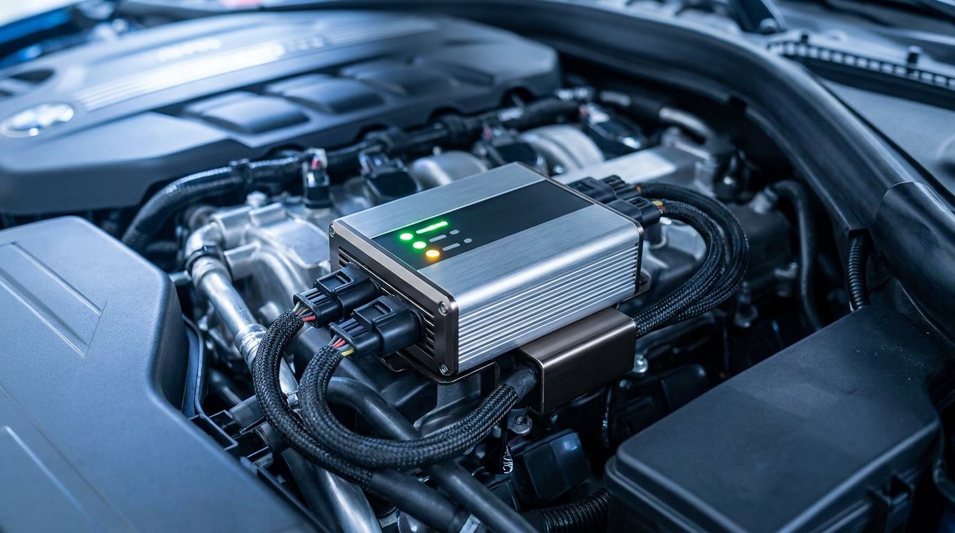 Boîtier électronique de réduction de consommation installé sur un moteur de voiture moderne.