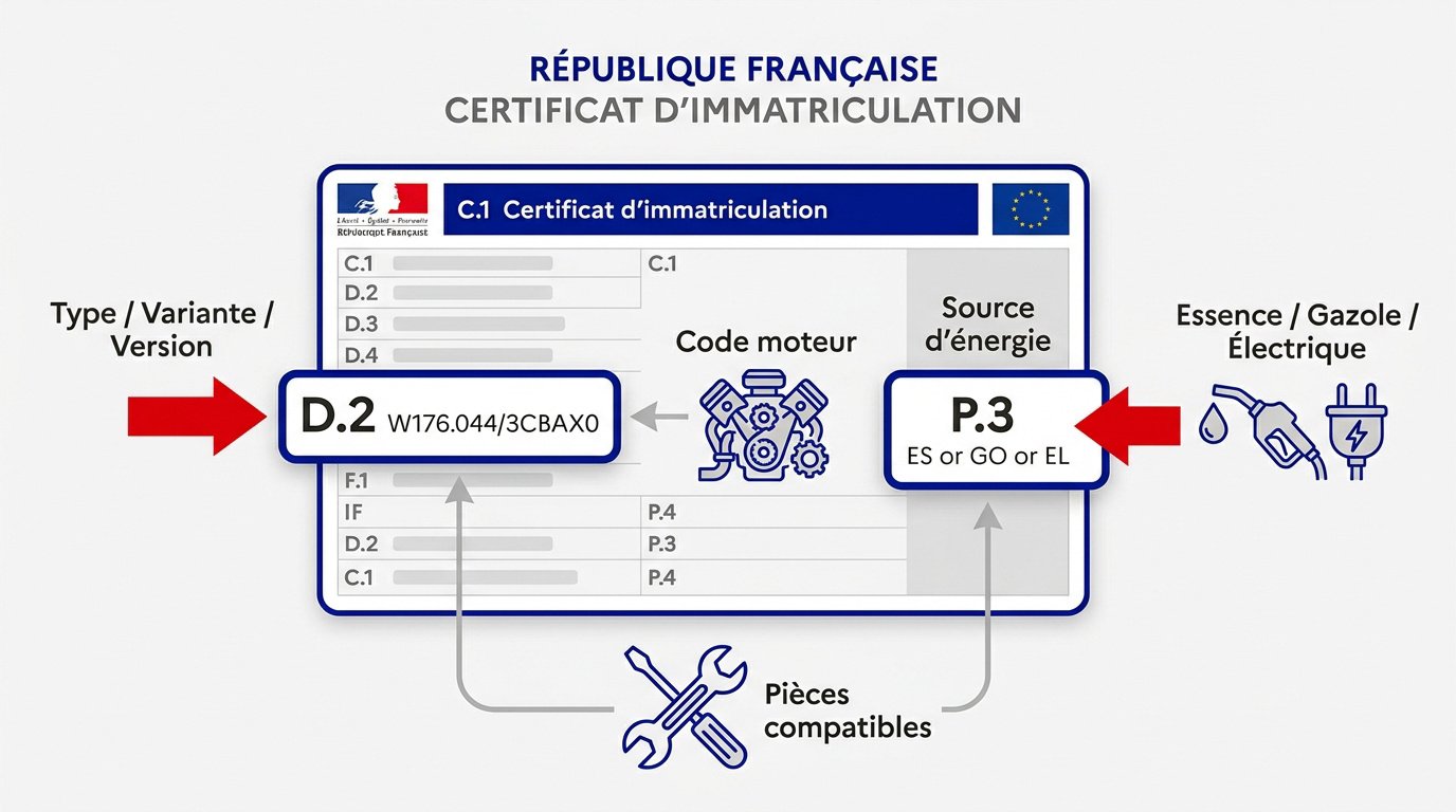 Localisation des rubriques D.2 et P.3 sur un certificat d'immatriculation pour identifier le moteur