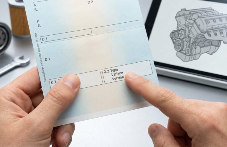Mains pointant le champ D.2 sur une carte grise avec un schéma moteur en arrière-plan.