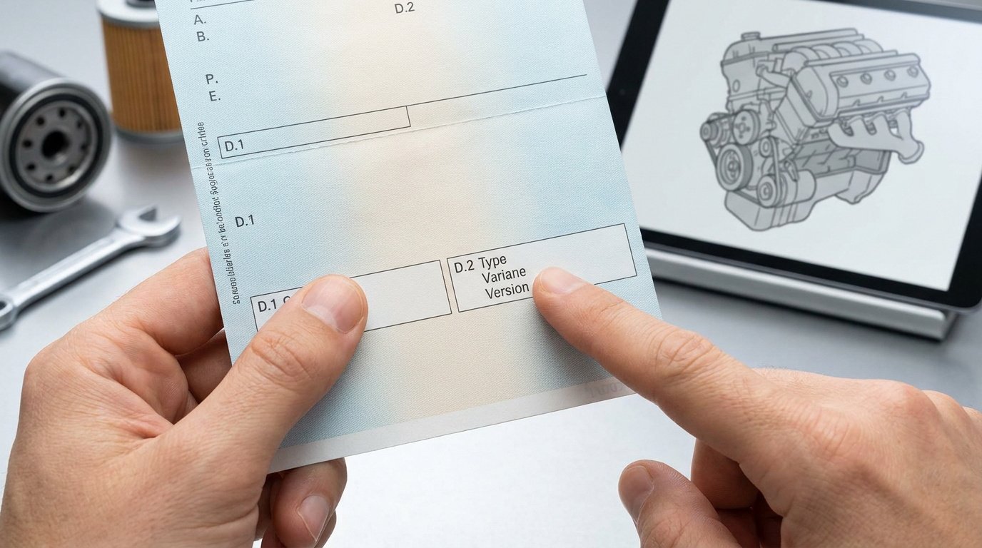 Mains pointant le champ D.2 sur une carte grise avec un schéma moteur en arrière-plan.