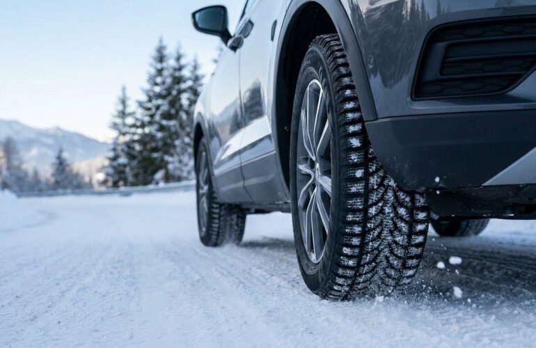 Gros plan sur une voiture roulant sur une route enneigée avec des pneus hiver spécialisés pour une meilleure adhérence.