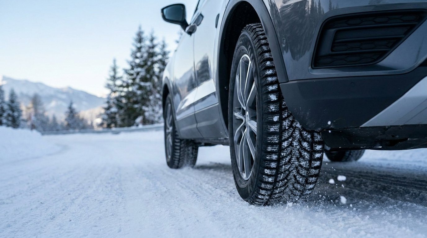 Gros plan sur une voiture roulant sur une route enneigée avec des pneus hiver spécialisés pour une meilleure adhérence.