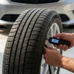 Personne utilisant un manomètre numérique pour vérifier la pression d'un pneu de voiture sur une jante en alliage.