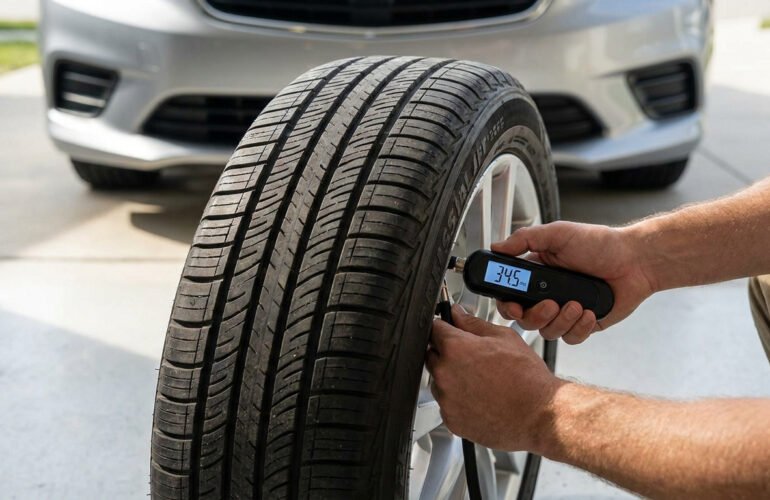 Personne utilisant un manomètre numérique pour vérifier la pression d'un pneu de voiture sur une jante en alliage.
