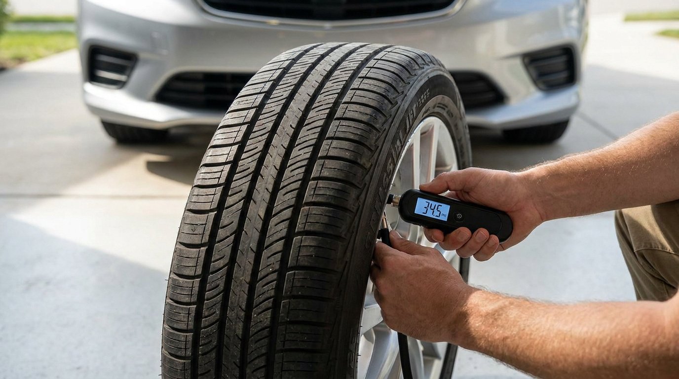 Personne utilisant un manomètre numérique pour vérifier la pression d'un pneu de voiture sur une jante en alliage.