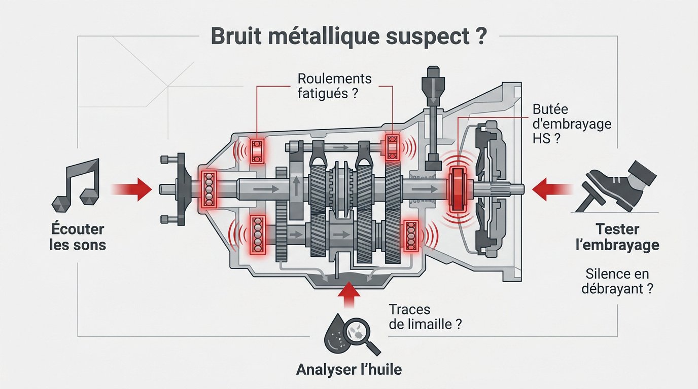 Mécanicien inspectant une boîte de vitesses pour identifier l'origine d'un bruit métallique